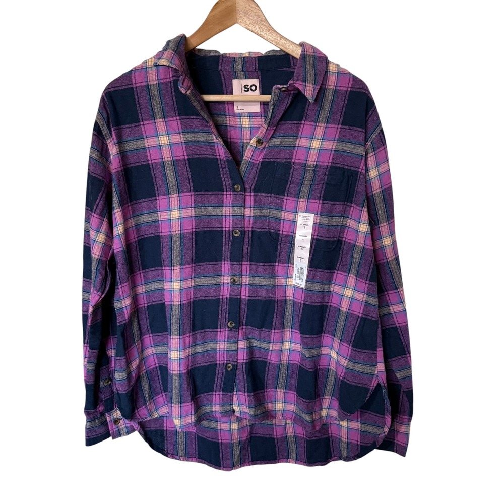 SO Flannel Button Down Shirt Womens Small Purple Plaid NWT Long Sleeve‎ Cotton
